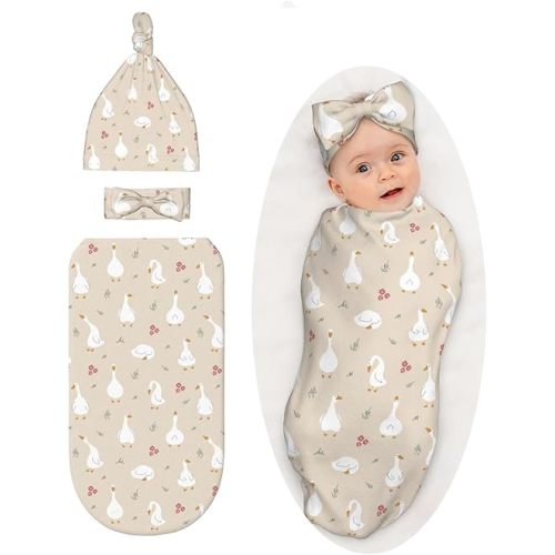Goose Baby Stuff Swaddle Blanket, Newborn Swaddle Wraps with Hat and Bow Set Outfit Infant Shower Gift for Boys Girls