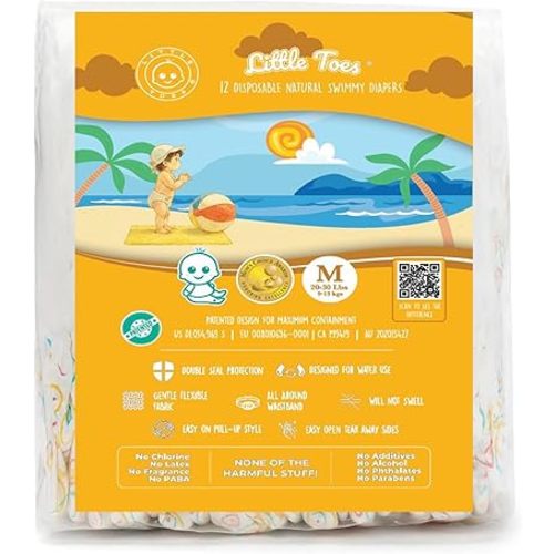 Little Toes Premium Natural Disposable Swim Diapers, Size 3-4 Medium (20-30 lbs) (12 Count) | Baby Disposable Swim Diapers | Hypoallergenic, Chlorine & Fragrance-Free | Gentle on Sensitive Skin