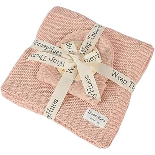Luxury Baby Gift Set for Newborns - 100% Cotton Knit Blanket Essentials with Matching Beanie, Thoughtful Baby Shower & New Baby Gift for Boys & Girls(Shell Pink)