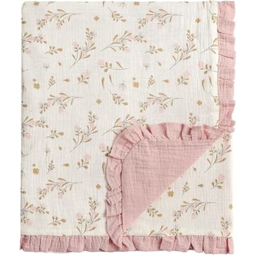 CREVENT 40''X40'' 100% Organic Cotton Muslin Baby Blanket for Newborns, Essential for Baby Shower Birthday Gift - Flower with Trim100X100cm