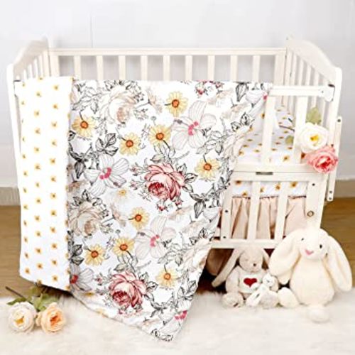 4-Piece Crib Bedding Set for Girls, Boho Baby Girl Bedding Set with Crib Skirt, Baby Quilt, Crib Sheet and Diaper Stacker, Flower