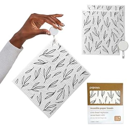 Papaya Reusable Paper Towels, Premium Swedish Dishcloths with Hook, Non-Scratch Reusable Paper Towel, 1 Sheet Replaces 17 Rolls - 2 Sheets, 1 Hook