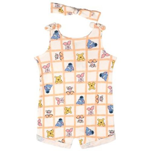 Disney Winnie the Pooh Baby Girls' Allover Print Sleeveless One Piece and Headband Outfit Peach Cream 0-3 Months