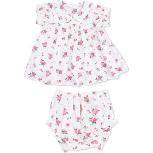 Pink Rosettes Smocked Puff Sleeve Dress with Bloomers, 12-18M Size