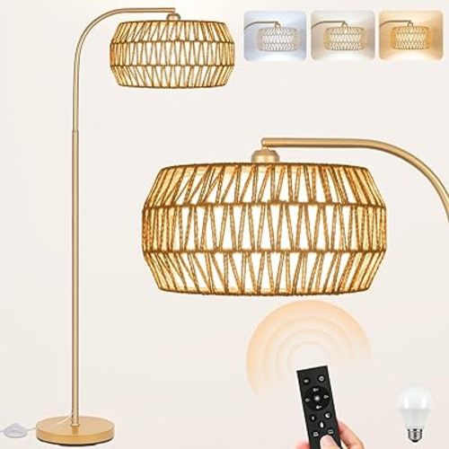 Brilvibera Boho Gold Farmhouse Floor Lamp- Rattan Lamp with Remote and Bulb