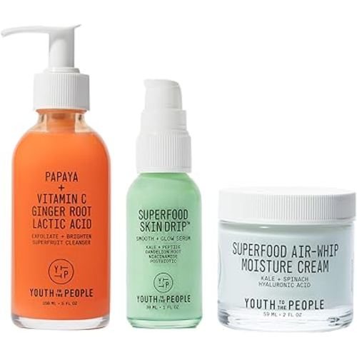 Youth To The People Smooth + Dewy Skin Essentials - Superfruit Papaya + Vitamin C Gentle Exfoliating Cleanser (5oz) + Superfood Air Whip Face Moisturizer (2oz) + Superfood Skin Drip Face Serum (1oz)