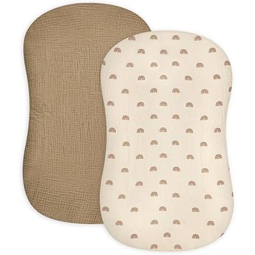 Hooyax Baby Lounger Cover 2 Pack - 100% Muslin Cotton Newborn Lounger Pillow Covers Only, Soft Breathable Infant Lounger Cover with Reinforced Stitching, Fits Most Standard Baby Loungers (Rainbow)