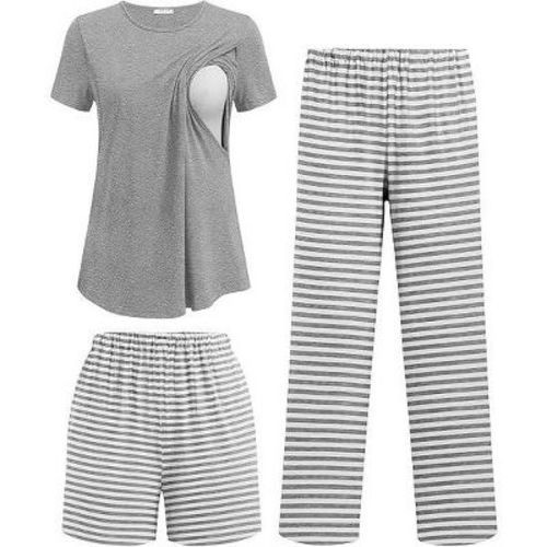 Ekouaer 3 Piece Maternity Pajamas Set Postpartum Nursing Short Sleeve Breastfeeding Sleepwear Pregnancy Shorts & Pants Pjs Grey-Stripe S