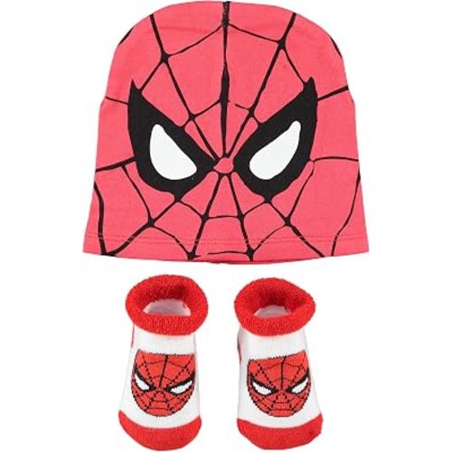 Spiderman Baby Hat and Bootie Sock Set (Red/Black/White, 0-12 Months)