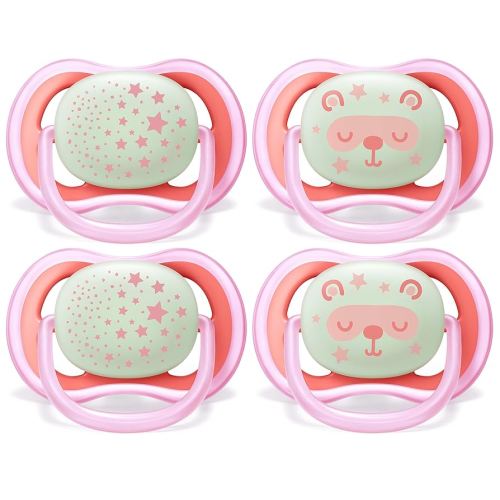 Philips AVENT Ultra Air Nighttime, 6-18 Months Pacifier, Pink, Pack of 4, SCF376/44