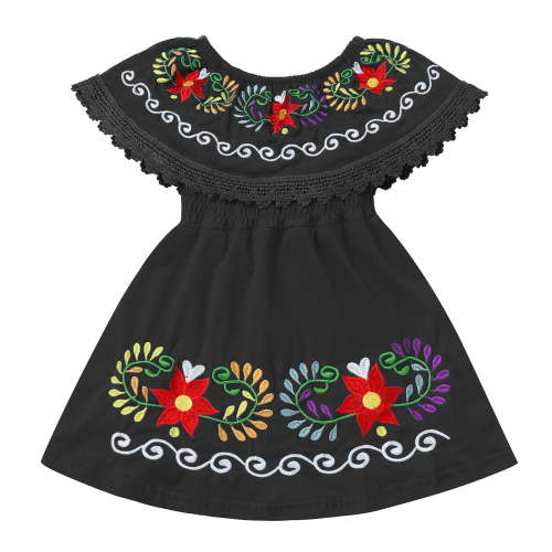 IDOPIP Toddler Baby Girls Floral Embroidered Mexican Dress Ethnic Wear Off-Shoulder Sundress