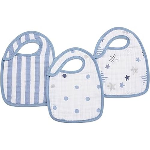 aden + anais Snap Bib, 100% Cotton Muslin, Soft Absorbent 3 Layers, Adjustable, 9” X 13”, 3 Pack, Rock Star, Blue Stars