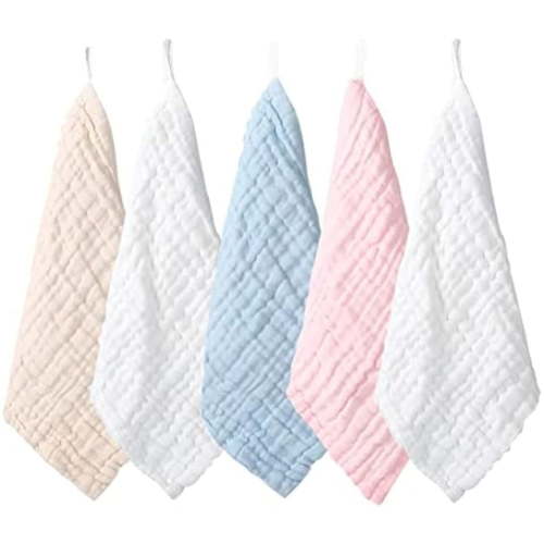 Baby Muslin Washcloths 100% Natural Cotton 6 Layer Gauze Supersoft Newborn Baby 11.8x11.8Inch 5 Pack