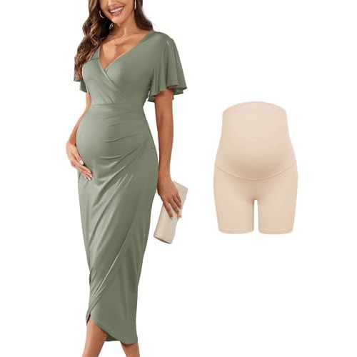AISWI 2025 Womens Maternity Wrap Dress V Neck Ruffle Sleeves Semi Formal Baby Shower Photoshoot Party Cocktail Pregnancy