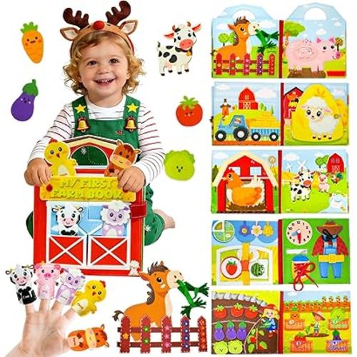 Farm Busy Book for Toddlers 1-3, Busy Board for 1 Year Old, Barn Animals Quiet Books with Finger Puppets, Portable Travel Learning Educational Montessori Toys for 1 Year Old Birthday Gifts Christmas