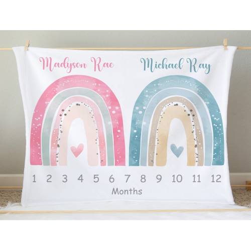 Personalized Rainbow Twin Baby Girl Boy Milestone Blanket | Monthly Growth Tracker | Custom Name Blanket | Photo Prop | Baby Shower Gift