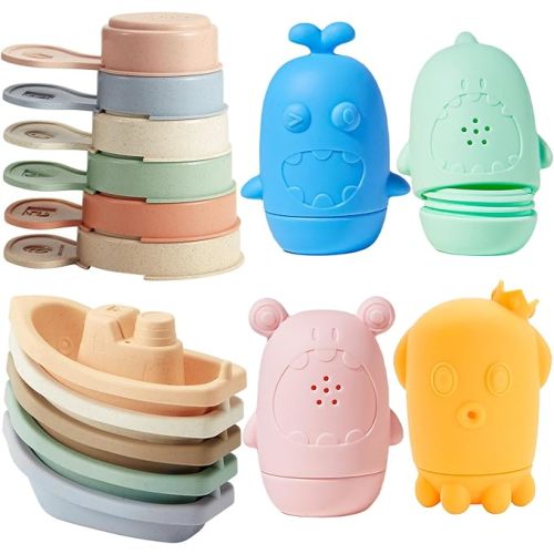 Baby Bath Toys for Kids Ages 1-3, 15PCS Mold Free Bath Toys Toddlers 2-4, Bathtub Pool Water Table Toys, Silicone Bath Toy and Floating Boats & Stacking Spoons for Babies 6-12 Months