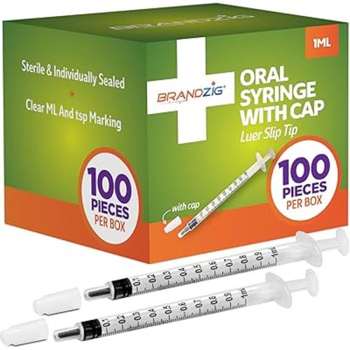 1ml Syringe with Cap (100 Pack) | Oral Dispenser Without Needle, Luer Slip Tip, | Sterile Individually Wrapped Medicine Dropper for Infants, Pets and Colostrum Collector
