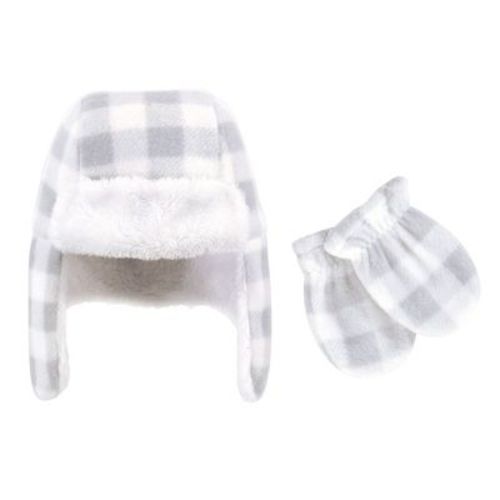 Hudson Baby Infant and Toddler Fleece Trapper Hat and Mitten 2pc Set, Gray White Plaid, 0-6 Months