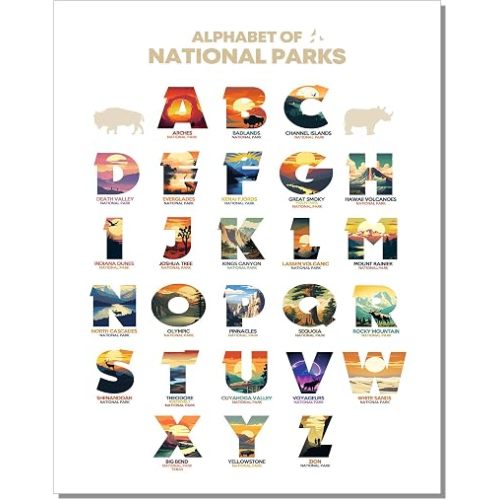 National Park Alphabet Print, Alphabet Poster, National Park Nursery Print, Kids Room Decor, Playroom Decor, Zion Rocky Mountain Joshua Tree Yellowstone Grand Canyon Hawaii Wall Art (11x14 UNFRAMED)