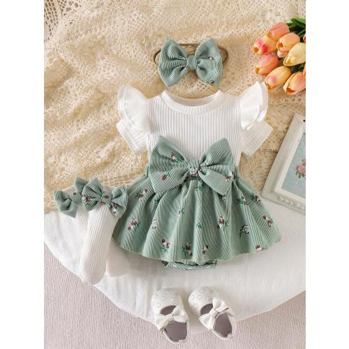 1pc Newborn Baby (Girl) Cute & Comfortable Corduroy Patchwork Print Romper Dress, Outdoor Forest Style, Spring/Summer | SHEIN USA