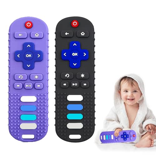 Silicone Teether Toys for Baby 3-6,12,18 Months,TV Remote Control Shape Teething Toy,Baby Chew Teether Toys for Infant and Toddlers,BPA Free (Black+Purple)