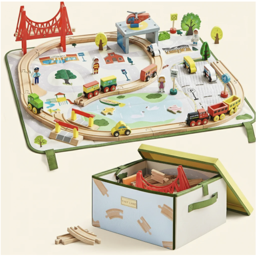 Tiny Land® 110-Piece Wooden Train Set with Folding Storage Box