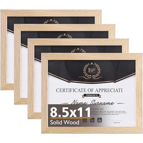 KINLINK 8.5x11 Picture Frame Natural, Solid Wood Diploma Frames with Acrylic Plexiglass for Pictures, Certificate Degree Document Frame Tabletop and Wall Mounting Display, Set of 4