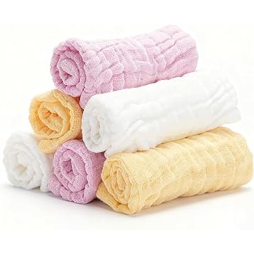 Organic Muslin Baby Washcloths 6 Pack Baby Bath Face Towel 12x12 Inch Extra Absorbent and Soft Burp Cloth and Wash Cloths for Newborn-Infants On Sensitive Skin (White Yellow Pink)