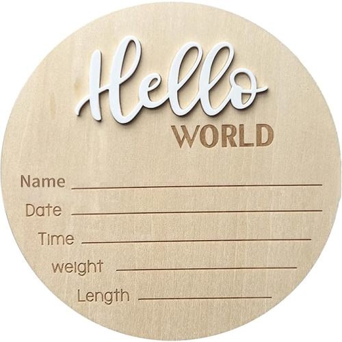 Baby Announcement Sign, ​5.9 Inch Wooden Hello World Newborn Welcome Sign, Birth Announcement Sign for Hospital, Newborn Name Sign Plaques for Photo Props Baby Shower Nursery(White)