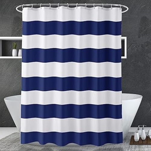 AmazerBath Navy Blue Shower Curtain Stripes, 72" W x 72" H Blue and White Shower Curtain, Fabric Shower Curtains for Bathroom with 2 Heavy Stones, Water Repellent