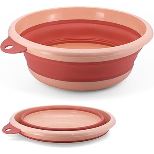 Collapsible Wash Basin Set (2 Pack) - Round Portable Foldable Plastic Basins for Laundry, Travel, Camping - Small & Medium Sizes (Orange)