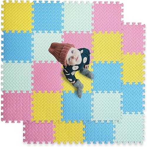 16 Tiles Foam Play Mat for Baby, Soft & Safe EVA Foam Mats for Floor, Square Baby Play Mat, Colored Kids Foam Puzzle Floor Mat, 47x47 Play Mat for Playpen(Pink/Yellow/Light Blue/Green)