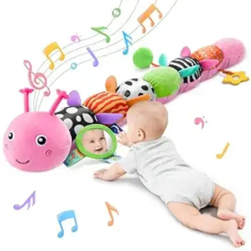 Baby Sensory Musical Caterpillar Plush Toy, Soft Stuffed Animal with Mirror Crinkle Paper Rattle Teether, Tummy Time Play Toy for 0-12 Months Newborn Infant, Baby Shower Gift for Boys Girls, Pink