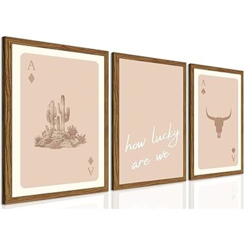 Western Wall Art Set of 3, Vintage Southwestern Cowboy Playing Card Wall Decor Painting, Longhorn Bull Skull and How Lucky Are We Canvas Prints for Bedroom Living Room 12x16 inch Wood Framed