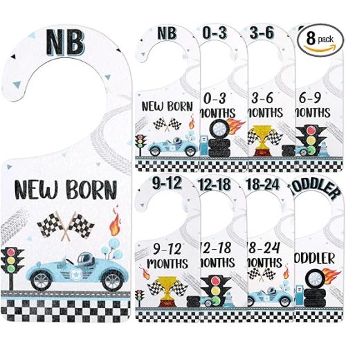 Baby Closet Dividers 8PCS, Racing/Race Car Theme Wooden Double-Sided Clothes Size Hanger Organizer from Newborn to Toddler for Nursery Decor Baby Shower Birthday Gift (Includes Gift Box)