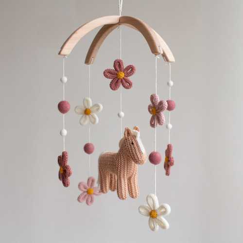 Floral Horse Baby Mobile: Knitted Pony & Wildflowers Nursery Decor