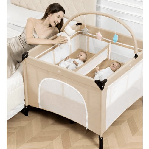 Twin Bassinet - 3 in 1 Twin Bassinets for 2 Babies with Hanging Toys & Storage Basket, Portable Pack and Play Foldable Bedside Sleeper with Carry Bag, Grey