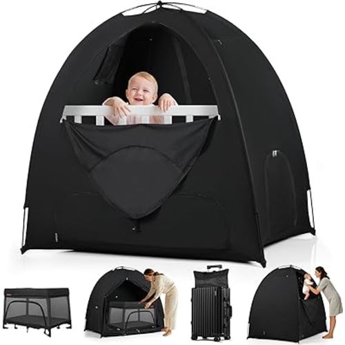 Blackout Tent for Pack and Play, 95% Light Blocking Portable Sleep Pod, Easy Setup No Tools, Pack n Play Cover Fits Standard Playards, Travel Canopy with Monitor Pouch, Black 53"x37"x55"