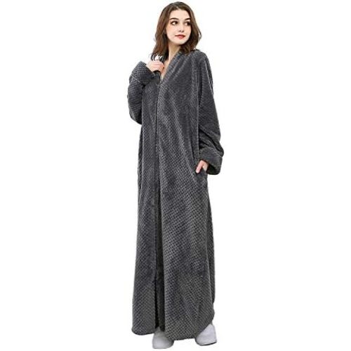 Hellomamma Womens Long Fleece Zip up Robes Warm Plush Bathrobes for Women