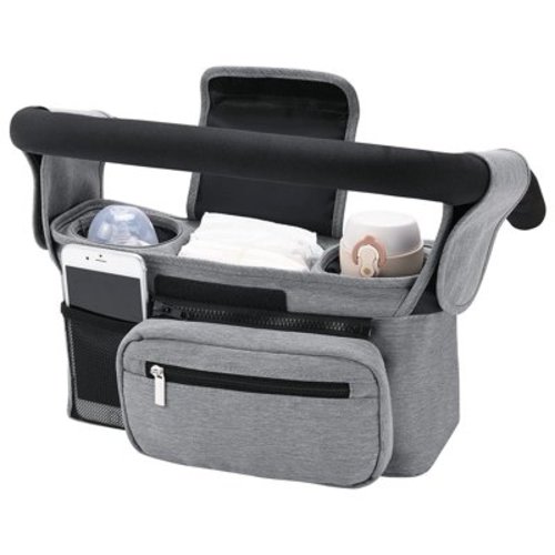 Stroller Organizer with Insulated Cup Holder,Fits Baby & Toddler Strollers,Non-Slip Strap Caddy for Phones and Essentials,Gray
