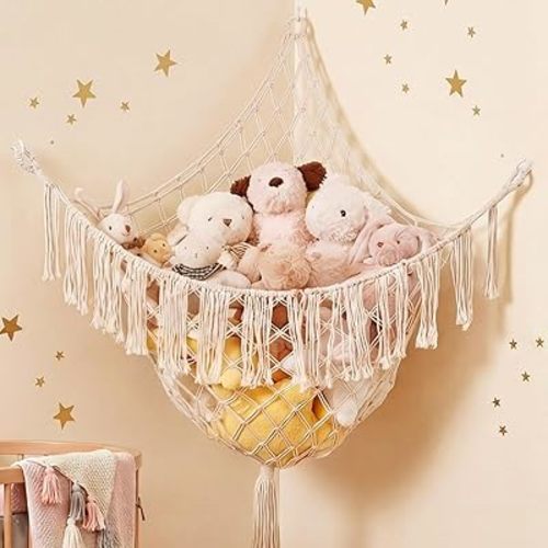 Large Stuffed Animal Net - Sturdy Handcrafted Stuffed Animal Hammock Corner, Natural Fully Handwoven Plushie Net, Space-Saving Holds 50+ Plushies, plushie net hammock for Nursery Baby Bedroom Playroom