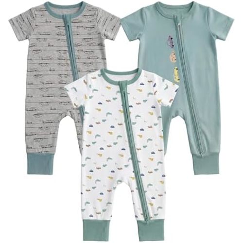 Aablexema Baby Short Sleeve Footless Romper 3-Pack Rayon of Bamboo 2 Way Zipper One Piece Pajamas Jumpsuits for Boys Girls