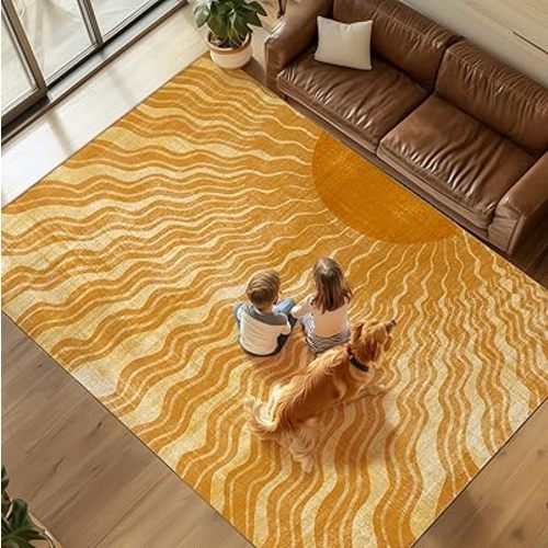 Washable 5x7 Sun Area Rug for Living Room, Retro Brown Sun Modern Boho Large Area Rugs, Ultra Thin Low Pile Lightweight Indoor Carpet Mat with Non-Slip Backing for Bedroom Kids Nursery Play Room