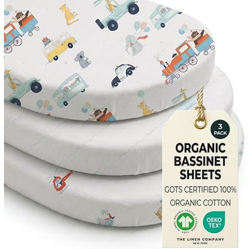 100% Organic Cotton Bassinet Sheets 3 Pack - (33 x 20 Inches) Baby Delight - GOTS Certified, Soft Breathable Percale Weave, Universal Fits Standard Oval & Rectangular Mattress - for Boys & Girls