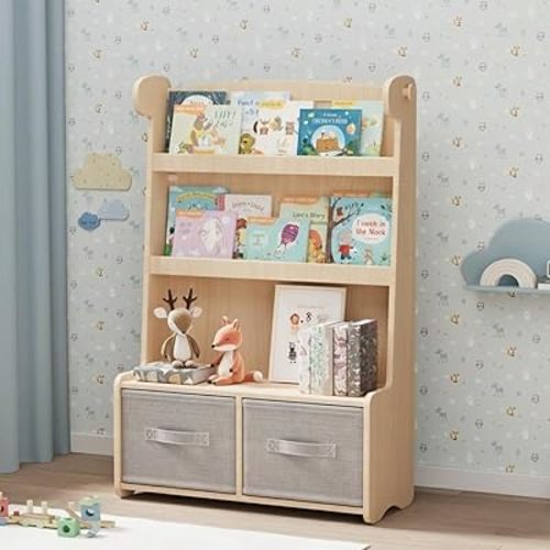 WISUCART Kids Bookshelf and Toy Storage Organizer, 3 Tier Bamboo Todders Book Shelf Large Book Rack for Child Room Playroom Nursery for Kids, Children, Toddlers (Nature)