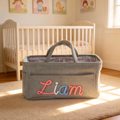 Personalized Corduroy Baby Storage Basket,Personalized Name Diaper Caddy, Newborn Welcome Gift, Large Soft Storage Basket with Partitions