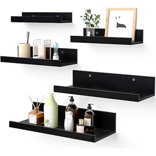 Upsimples Home Floating Shelves for Wall Decor Storage, Wall Shelves Set of 5, Wall Mounted Wood Shelves for Bedroom, Living Room, Bathroom, Kitchen, Small Picture Ledge Shelves, Black