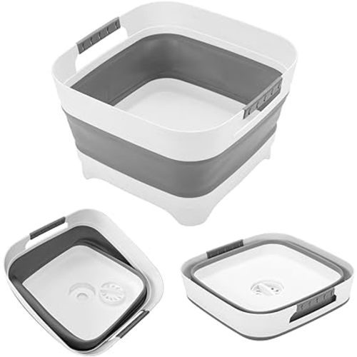 2.4Gal (9L) Collapsible Wash basin With Drain Plug, Suitable For Kitchen Sinks/Outdoor Camping/RV Use, Space-Saving, Highly Portable Washbasin Ideal For Travel (Gray)