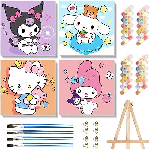 Sretoul 4 Pack Cartoon Paint by Numbers Kit for Kids with Frame - Wooden Easel, Cute Kids Paint by Numbers Ages 4 8 12, DIY Acrylic Oil Painting for Home Wall Decor (8x8 inch)